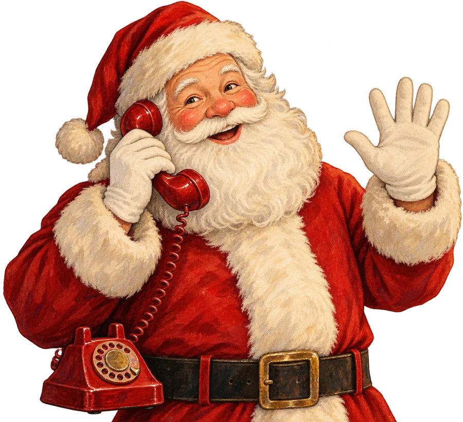 Santa Claus sonriendo mientras habla por un teléfono rojo antiguo y saluda con la mano